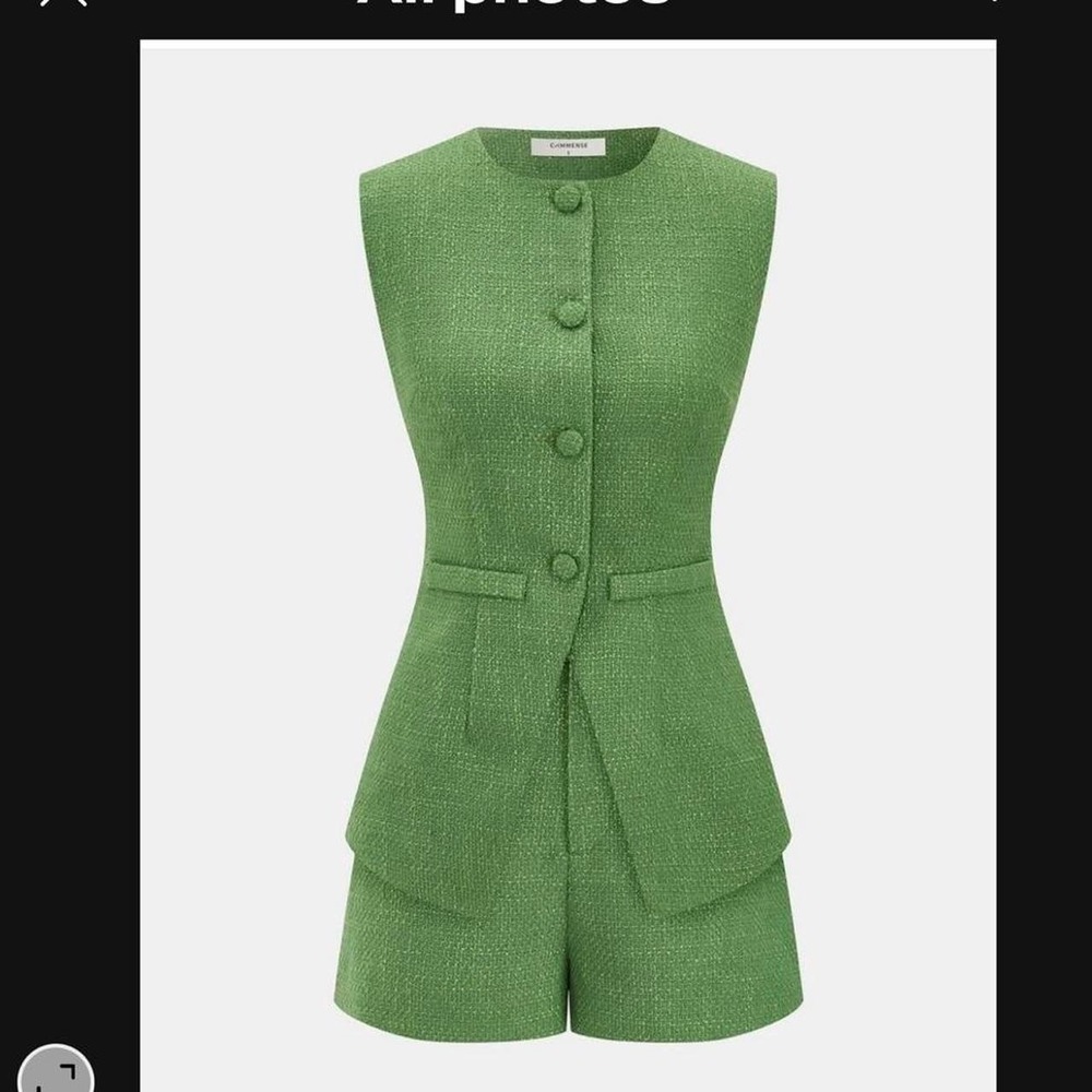 Commense Green tweed vest with shorts. Two piece set size small